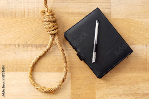 Flat Lay of Rope Noose and Notebook With Pen on Wooden Background photo