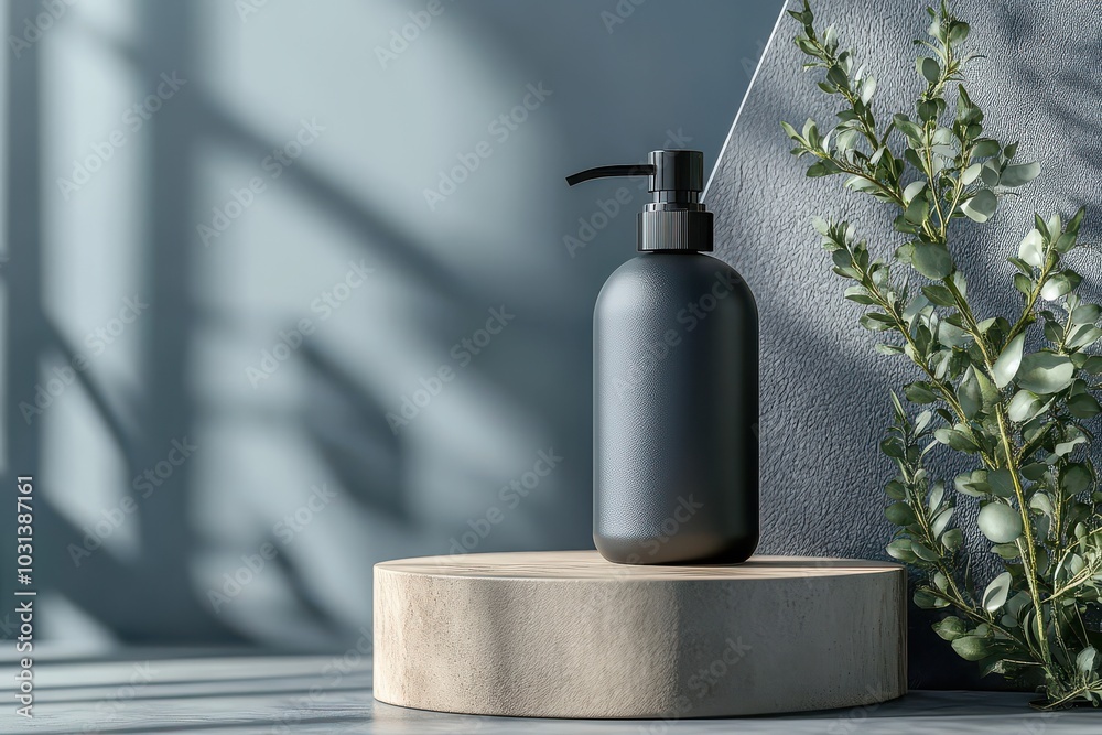 Black Bottle Mockup on Wooden Platform with Greenery. Black Bottle Mockup on Wooden Platform with Greenery.
