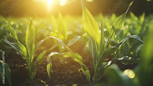 Sunlit corn plants growing ...