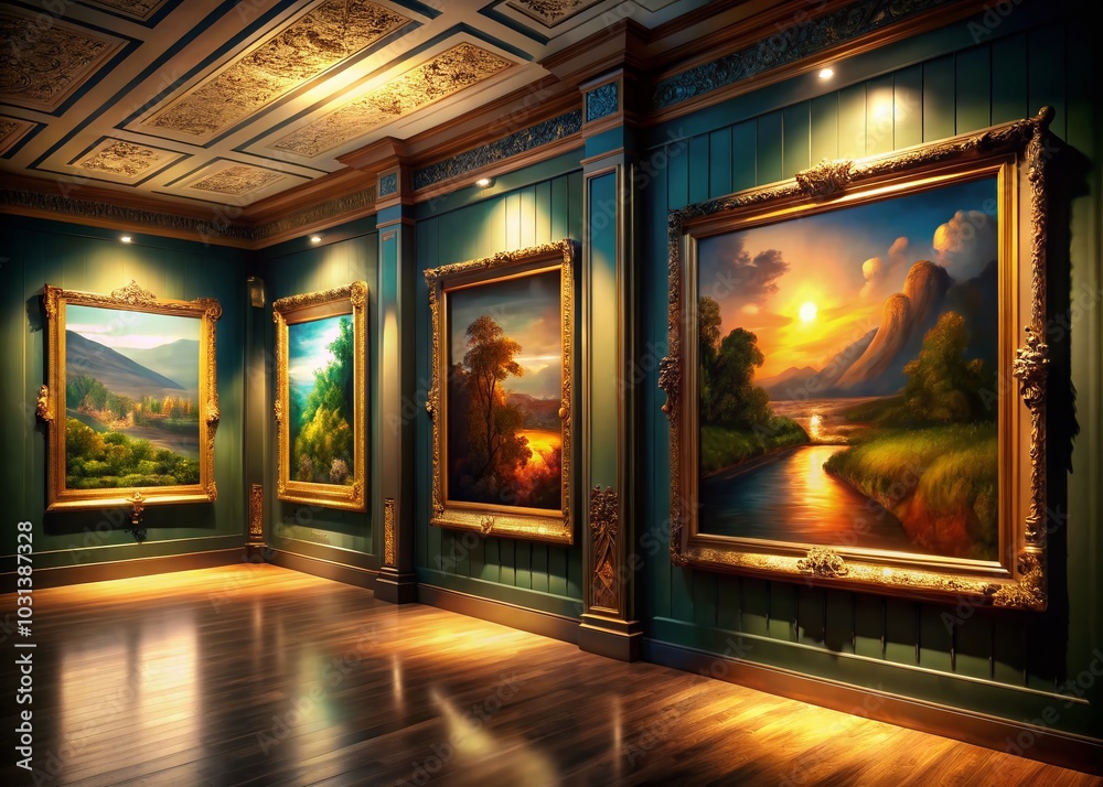 Elegant Portrait Frames in Low Light Art Gallery Setting Elegant Portrait Frames in Low Light Art Gallery Setting