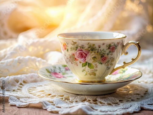 Elegant Porcelain Teacup on Lace Tablecloth - Floral Patterns for Tea Lovers