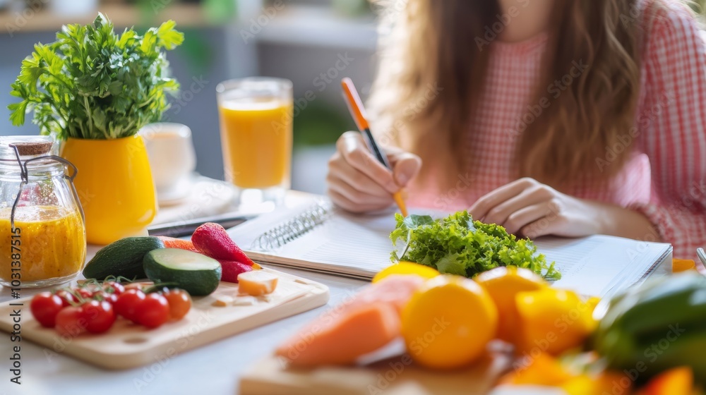 A person writes in a notebook surrounded by fresh fruits and vegetables, enjoying a healthy lifestyle and meal prep. A person writes in a notebook surrounded by fresh fruits and vegetables, enjoying a healthy lifestyle and meal prep.