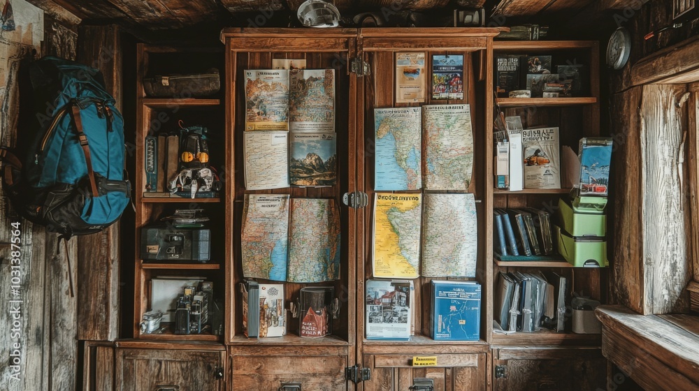 Wooden Shelving Unit Filled with Maps, Travel Guides, and Camping Gear Wooden Shelving Unit Filled with Maps, Travel Guides, and Camping Gear