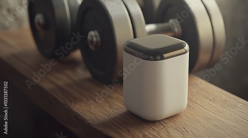 Modern fitness equipment with a smart device on a wooden surface photo