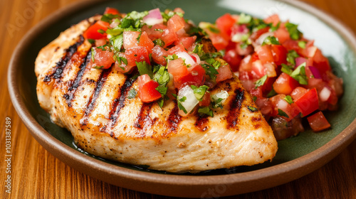 Juicy grilled chicken breast topped with fresh salsa, served on green plate. This delicious dish is perfect for healthy meal.