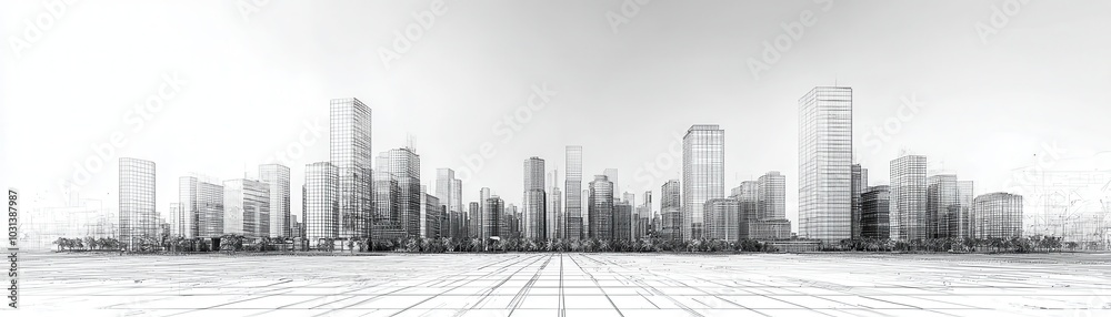 Fototapeta premium A black and white 3D wireframe cityscape showing high-rise skyscrapers and detailed urban infrastructure in architectural blueprint style