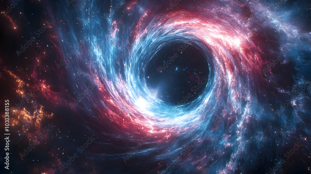 A vibrant depiction of a swirling black hole in deep space. A vibrant depiction of a swirling black hole in deep space.