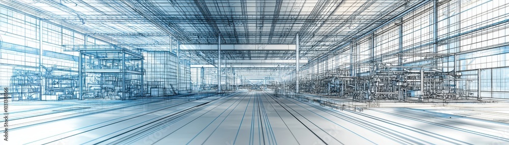 Wireframe blueprint of a large industrial factory with machinery and production lines in a detailed 3D architectural layout Wireframe blueprint of a large industrial factory with machinery and production lines in a detailed 3D architectural layout