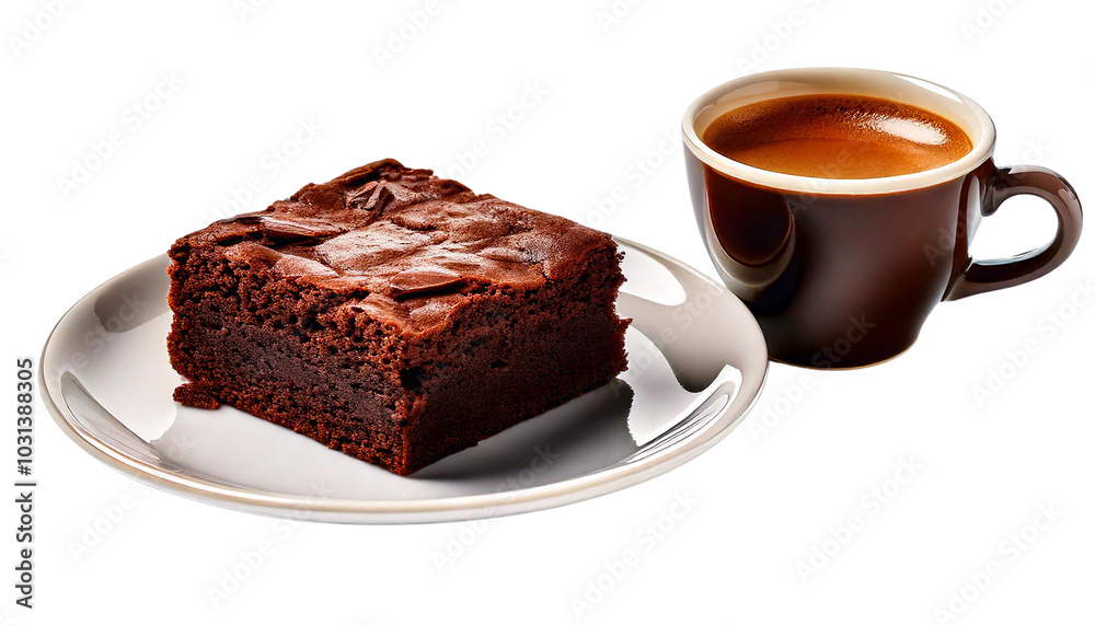 A brownie served with a side of hot espresso, capturing the perfect coffee and chocolate, A brownie served with a side of hot espresso, capturing the perfect coffee and chocolate,