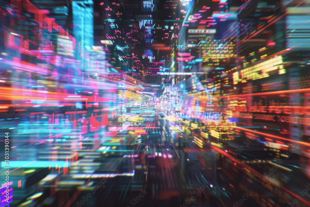 Fototapeta premium Futuristic, neon-lit, abstract cityscape, high-speed digital world, technology, network, cyberpunk, vibrant lights, concept of modern urban network