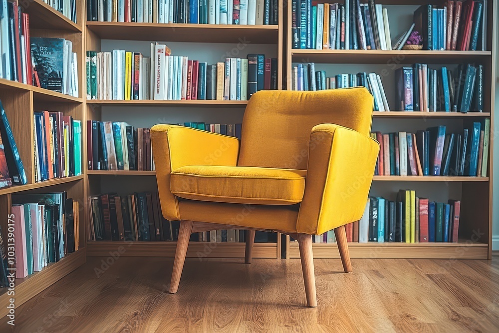 Yellow armchair in a library. Yellow armchair in a library.