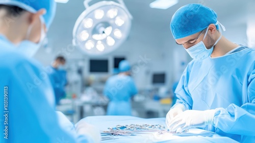 Focused surgeon performing a procedure in a sterile operating room, showcasing teamwork and precision in medical practice.