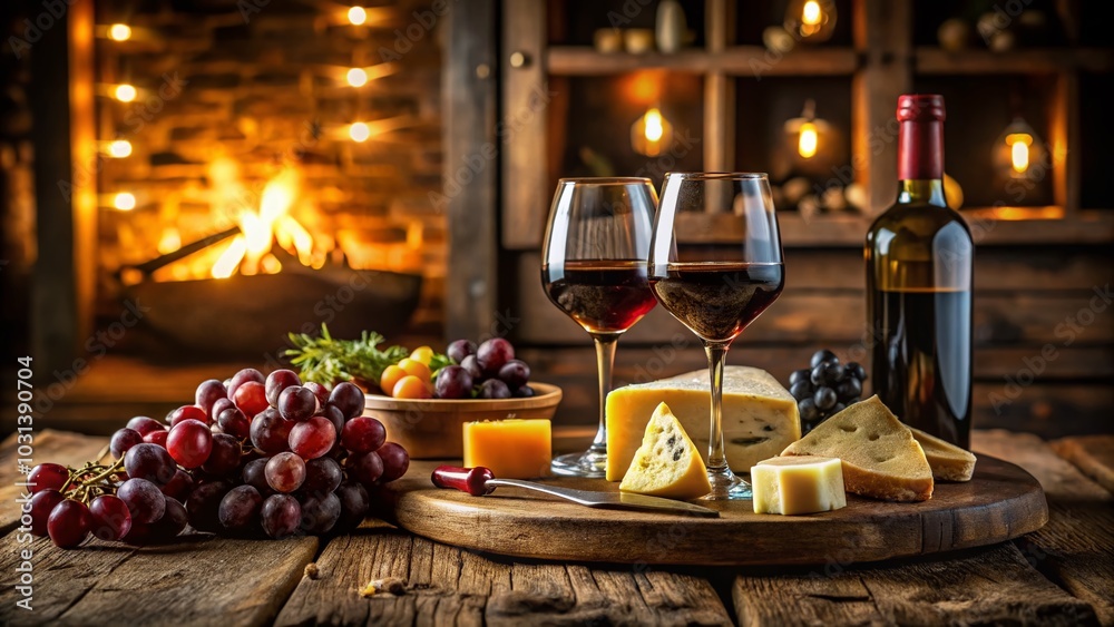 Elegant Wine and Cheese Tasting Setup with Red Wine and Grapes for Inviting Atmosphere Elegant Wine and Cheese Tasting Setup with Red Wine and Grapes for Inviting Atmosphere
