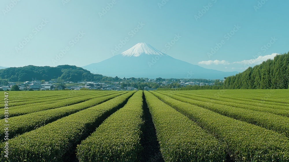 A panoramic view of green tea fields with Mount Fuji in the background, highlighting Japan's natural beauty and agricultural heritage.