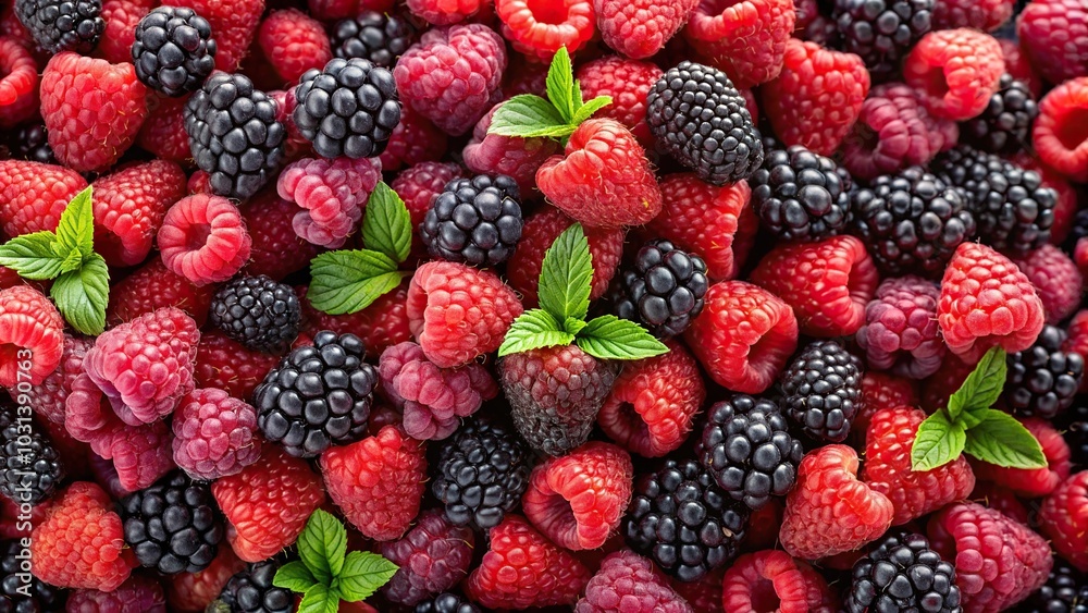 Fresh raspberries and blackberries from a high angle view