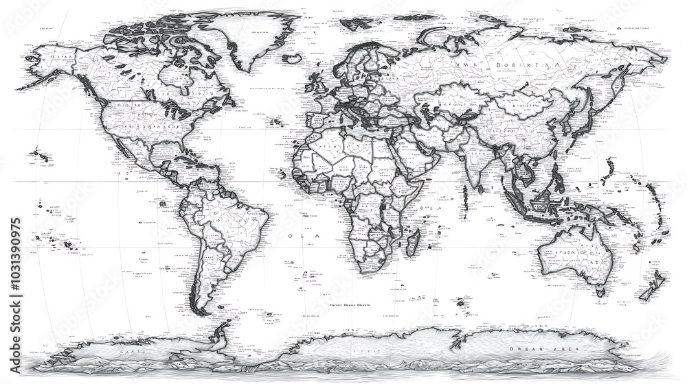 Fototapeta premium Vintage World Map Illustration with Country Borders and Oceans