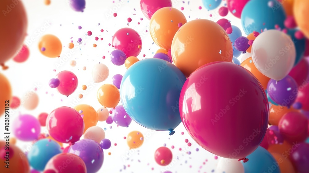 burst of vibrant balloons in different shapes and sizes on white background, adding dynamic and festive atmosphere burst of vibrant balloons in different shapes and sizes on white background, adding dynamic and festive atmosphere