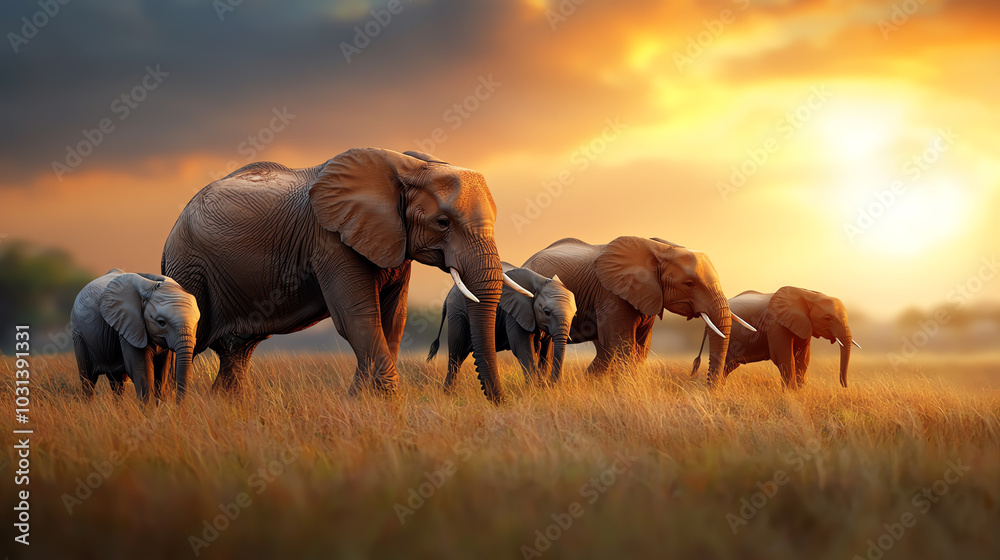 Fototapeta premium A side view of a herd of elephants walking across a grassland, with the sun setting behind them