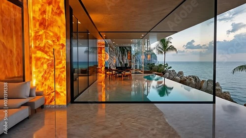 Luxury home with an infinity pool and panoramic ocean views, framed by a glowing sunset sky. photo