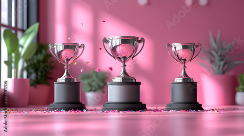 Three trophies on a pink ba...