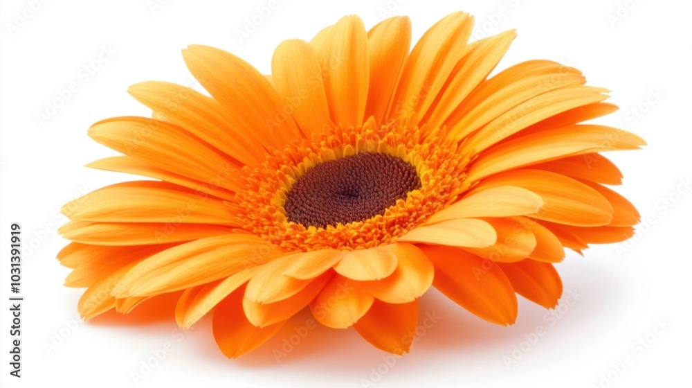 A vibrant orange daisy with vivid petals, standing alone against a crisp white background, creating a striking and beautiful contrast. A vibrant orange daisy with vivid petals, standing alone against a crisp white background, creating a striking and beautiful contrast.