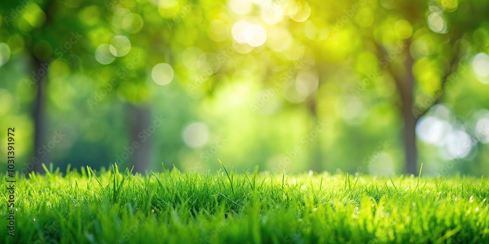 Grassy lawn in extreme close-up with green tree background Grassy lawn in extreme close-up with green tree background