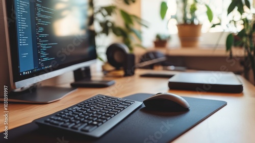 A modern workspace featuring a computer setup with a keyboard and mouse on a desk, surrounded by plants and natural light.