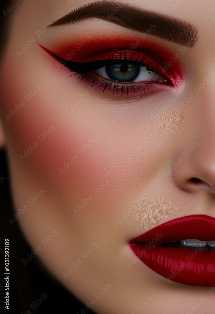 Fototapeta premium Close-up of a person with bold red lips and vibrant eyeshadow in red, yellow, and black hues. Showcases creativity and modern beauty trends with striking color contrasts and artistic makeup.