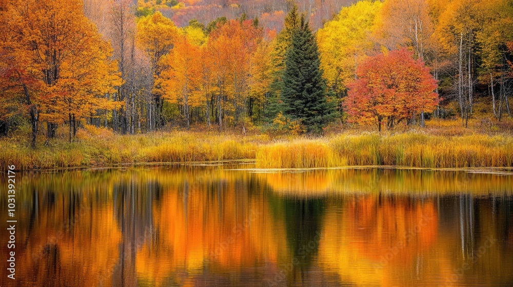 serene golden pond reflecting the vibrant colors of autumn trees, creating tranquil scene. serene golden pond reflecting the vibrant colors of autumn trees, creating tranquil scene.