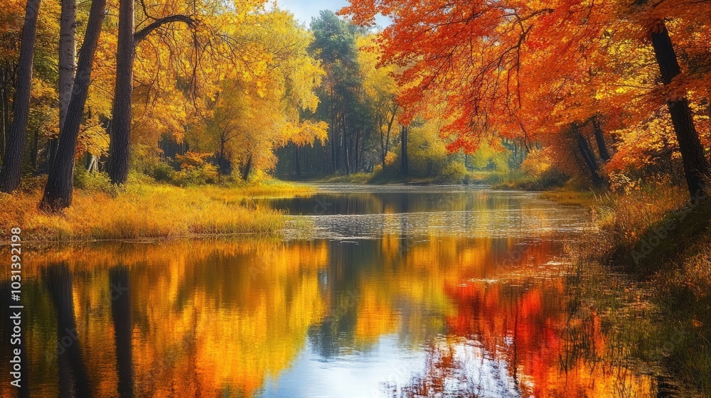 Fototapeta premium serene golden pond reflecting the vibrant colors of autumn trees, creating tranquil scene.