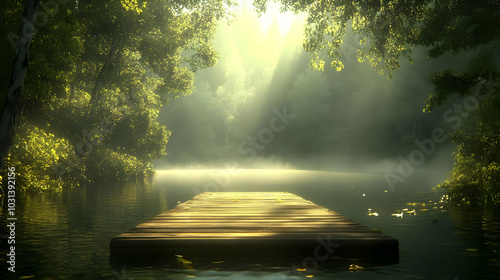 Serene dock on a misty lake...