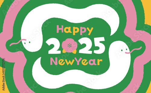 2025年巳年の北欧ポップなへびのかわいいおしゃれな年賀状・お正月素材_カードやバナー広告にも最適