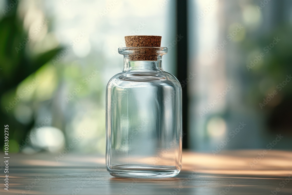 Empty Glass Bottle with Cork Stopper on Wooden Table. Empty Glass Bottle with Cork Stopper on Wooden Table.