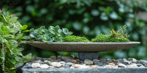 Stone podium with green moss and leaves for product display. photo