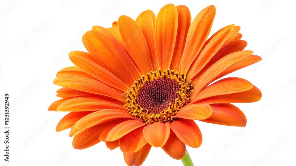 Beautiful orange daisy with bold, vivid petals, standing out against a clean white backdrop, symbolizing simplicity and beauty.