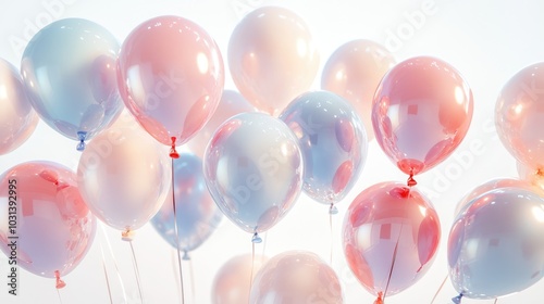 whimsical mix of balloons in soft hues with gentle shadows on white background, ideal for dreamy and lighthearted feel