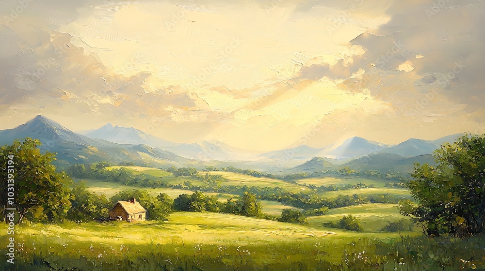 Naklejka premium Countryside Cabin with Mountains and Golden Sky Oil Painting