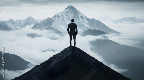 A suited figure stands atop...