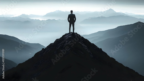 A silhouetted figure stands atop a mountain, gazing into the distance.