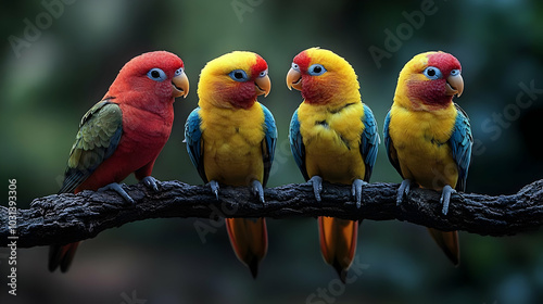 Four colorful parrots perch...