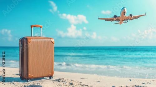 Travel vacation banner suitcase on beach with flying plane creating wanderlust theme photo