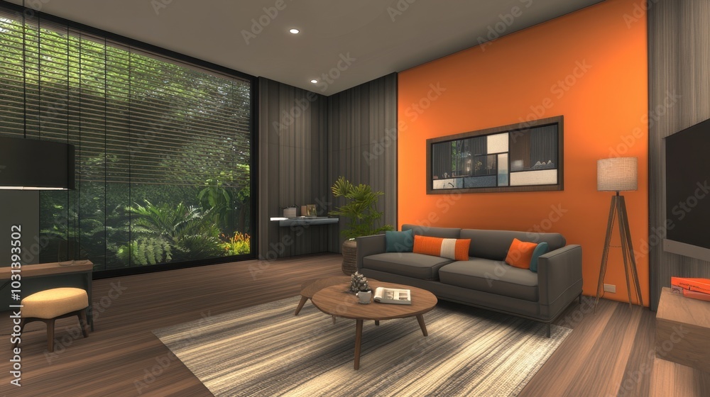 Fototapeta premium Bright and modern living space with a mockup wall for decoration ideas, clean lines, and stylish accents.