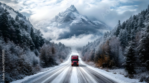 A red truck drives through ...