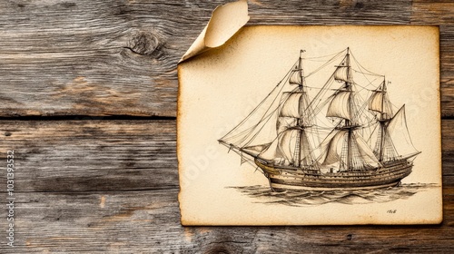 Vintage drawing of a sailing ship on aged paper