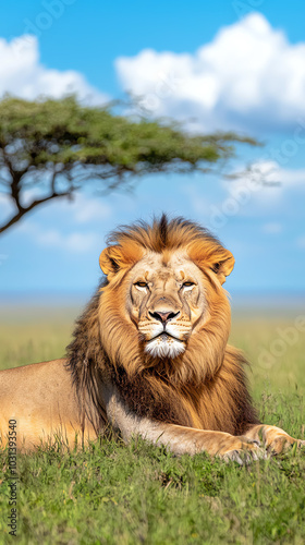 A front view of a majestic lion resting in the shade of a tree on the African savannah