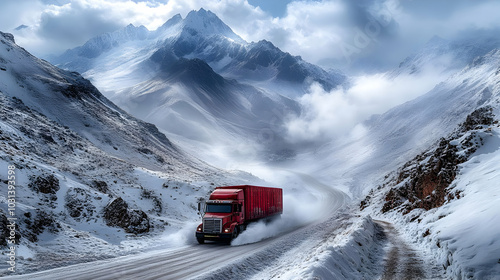 A red truck navigating a sn...