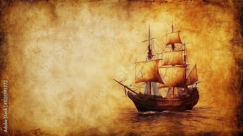 Vintage sailing ship on a textured golden background