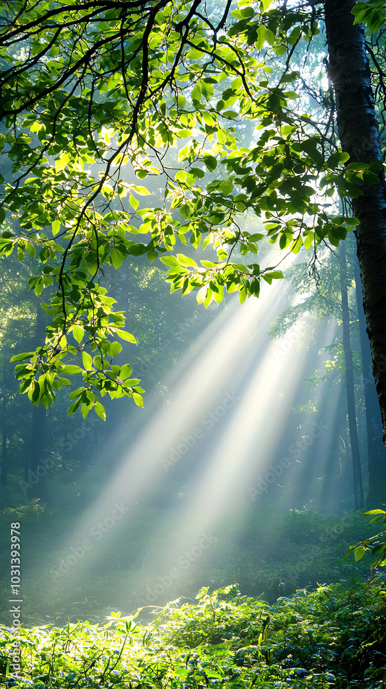 A front view of a misty pine forest in the early morning, with sunlight breaking through the fog A front view of a misty pine forest in the early morning, with sunlight breaking through the fog