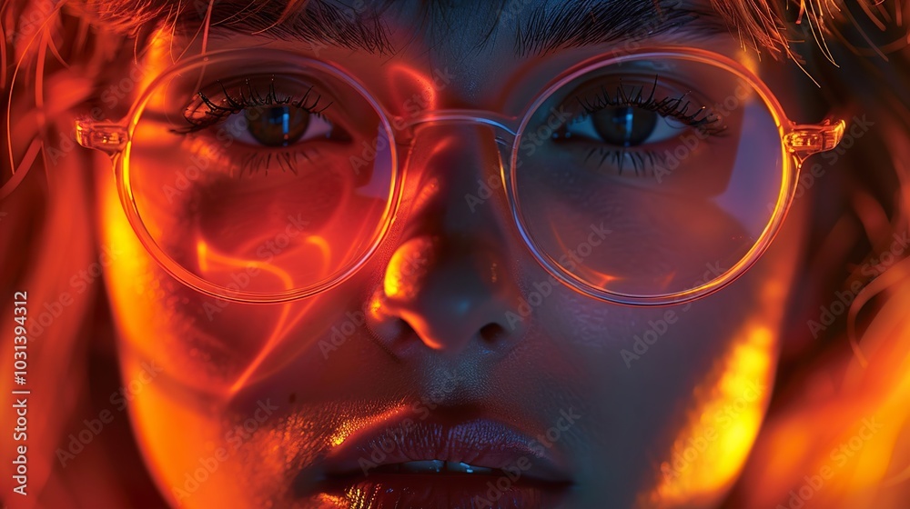 Close Up Portrait of Woman with Round Glasses in Red and Orange Light Close Up Portrait of Woman with Round Glasses in Red and Orange Light
