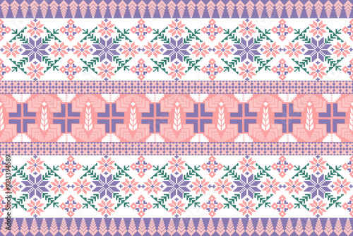 Art Abstract with Floral Pixel Designs. Traditional Cross Stitch needlework. Geometric Ethnic Pattern, Embroidery, Textile Ornamental, Fabric, Hand Stitch Pattern, Cultural Stitching Pixel Art